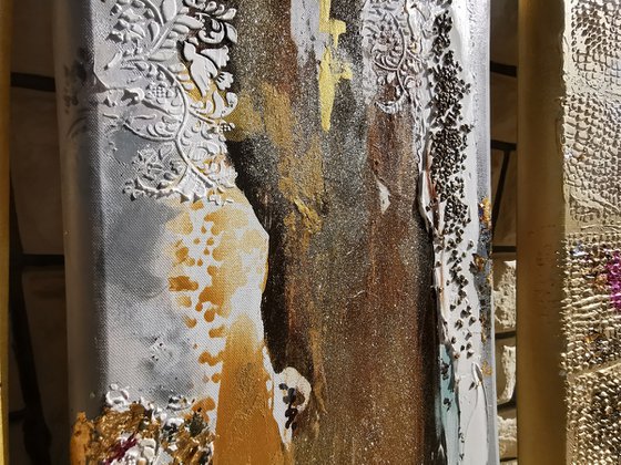 Shining gold leaf mixed medium painting with texture and beads. Metallic gilding wall art