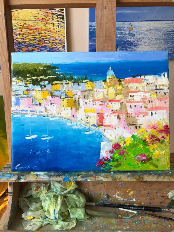 Italian village painting, Ligurian Rivera , impasto oil paintings