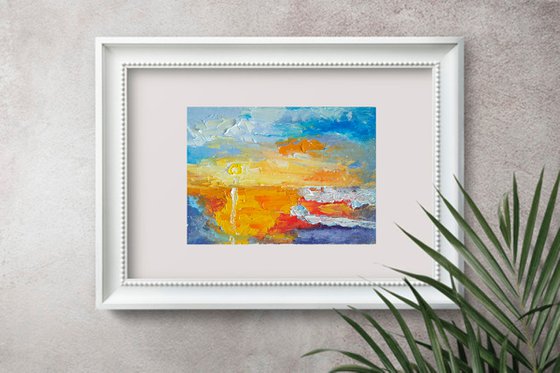 Abstract Seascape Original Art Sunset Oil Painting Coastal Artwork Small Wall Art