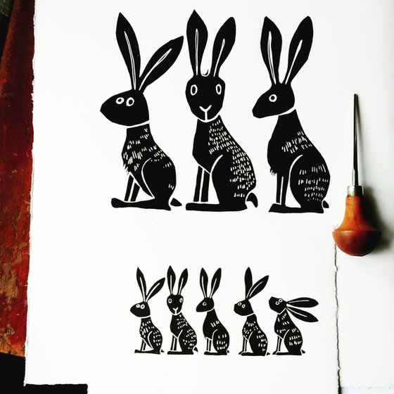 Three Hares - lino cut print