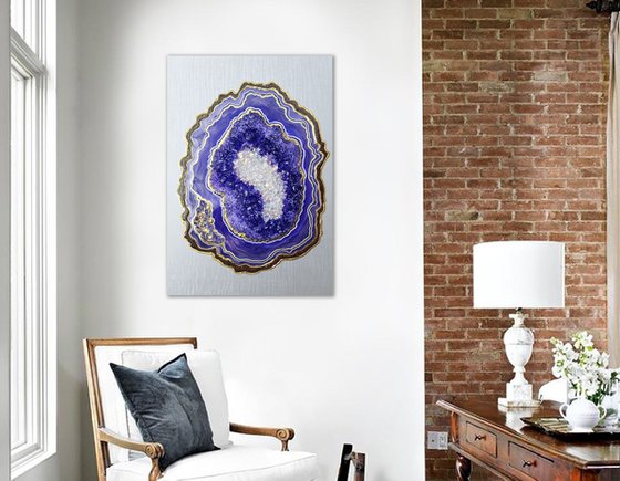60x41cm. Amethyst geode wall art. Geode wall art, Gold, Purple ,Violet, Home decor, Resin painting
