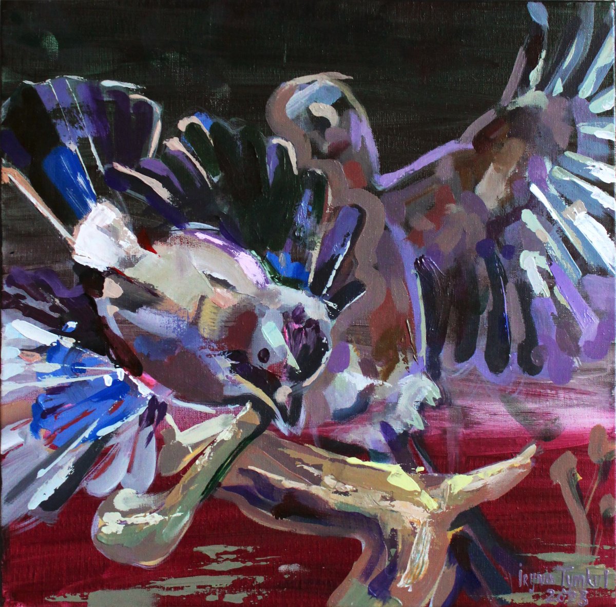 Impressionistic Animal Acrylic Painting By Iryna Tymkul, 12 X 12, Jays Over The Red Waters, Original Artwork