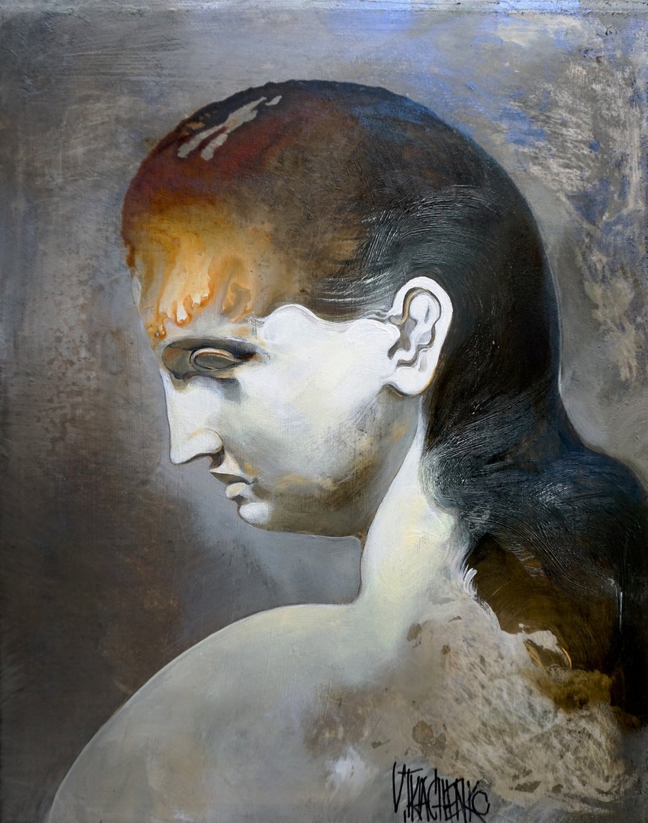 Organic Portrait Acrylic Painting By Victor Tkachenko, 15 X 20", Headache, Original Artwork