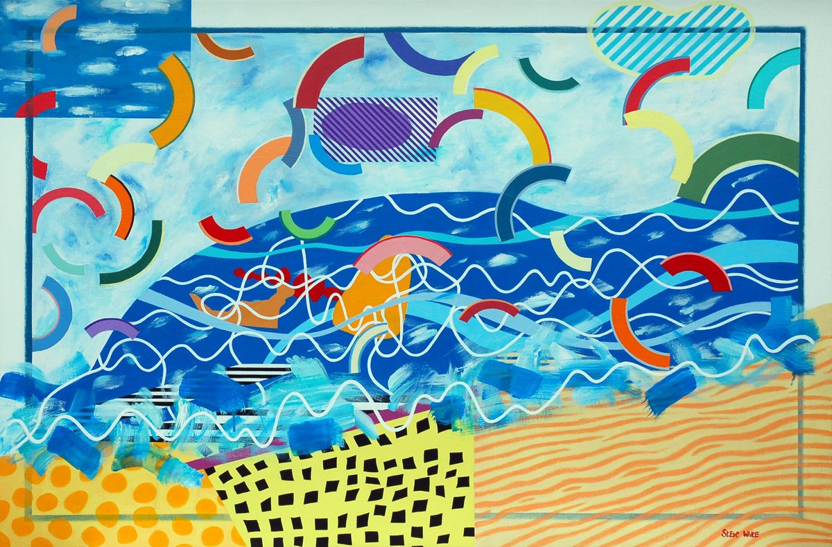 Impressionistic Landscape Acrylic Painting By Steve White, 47 X 31", Kite/Surfers, Original Artwork