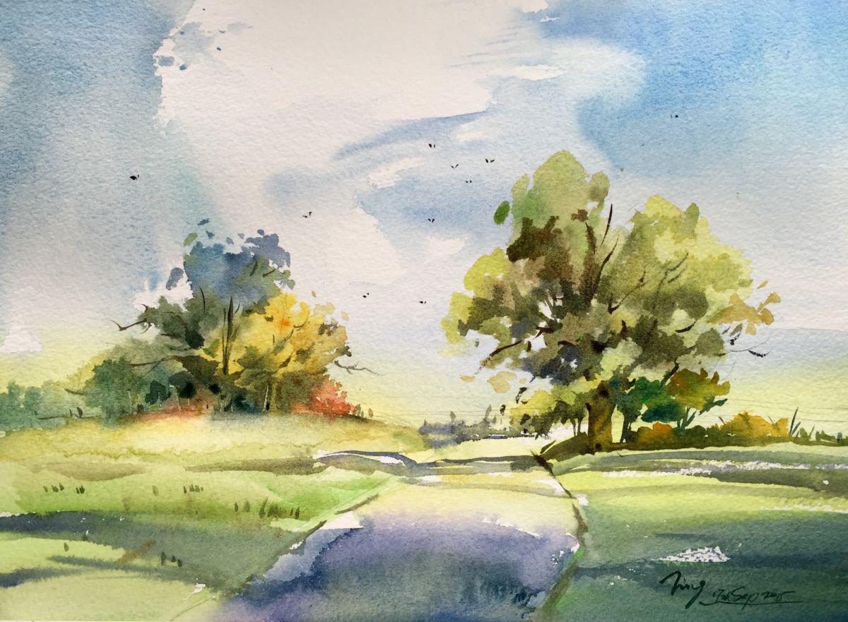 Impressionistic Landscape Watercolour By Jing Chen, 15 X 11, Autumn 4, Original Artwork
