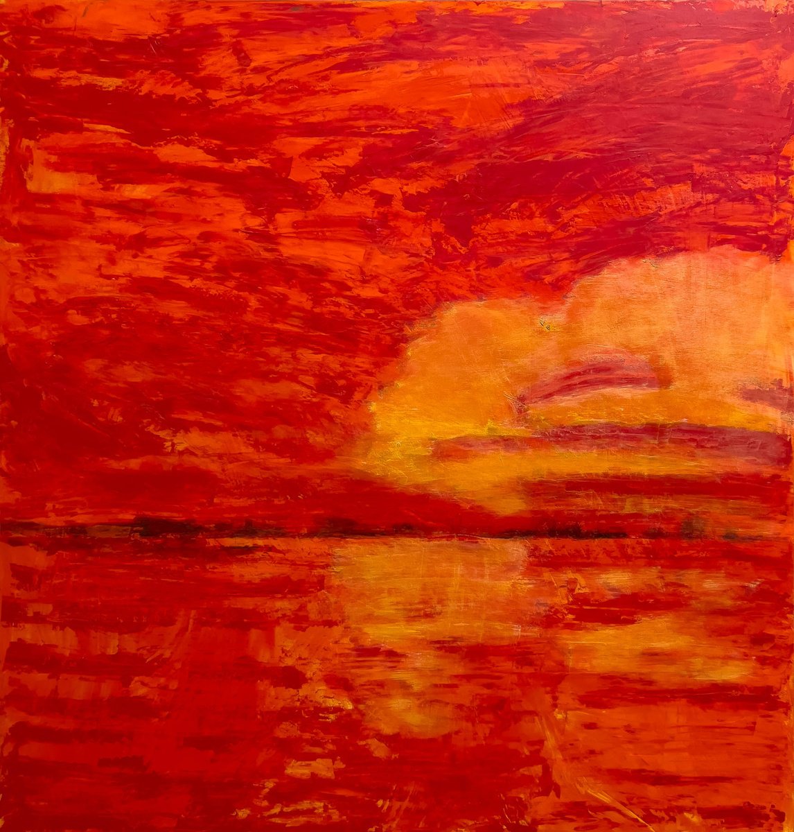 Impressionistic Landscape Acrylic Painting By Km Arts, 30 X 30", Red Sky At Night, Original Artwork