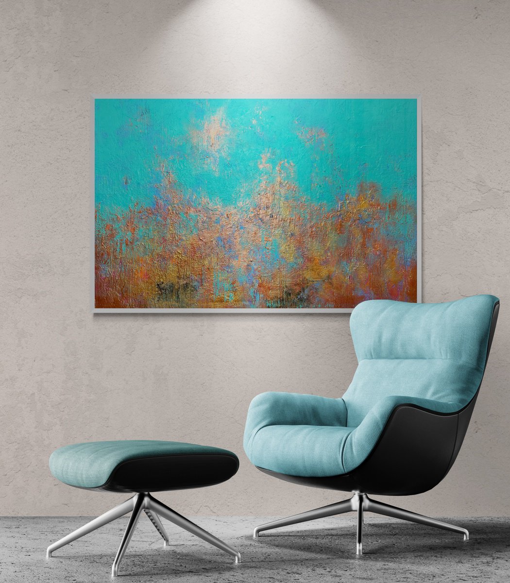 Abstract Acrylic Painting By Julijana Ravbar, 47 X 31", Turquoise Dream, Original Artwork