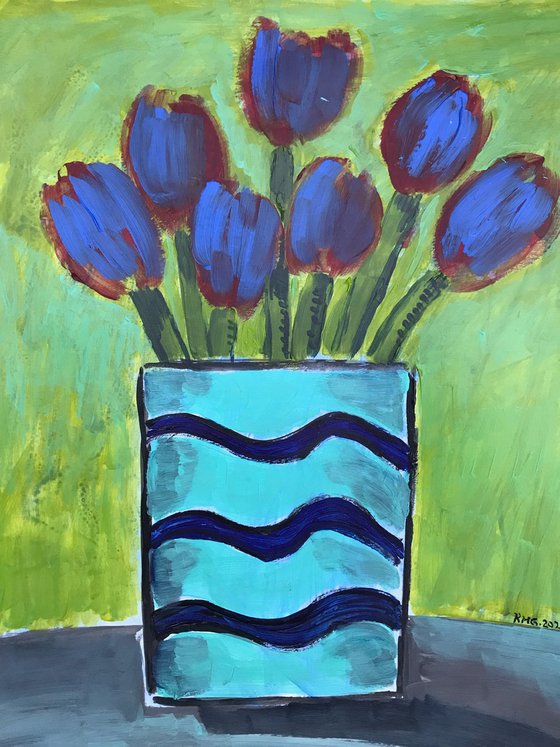 Vase With Blue Tulips