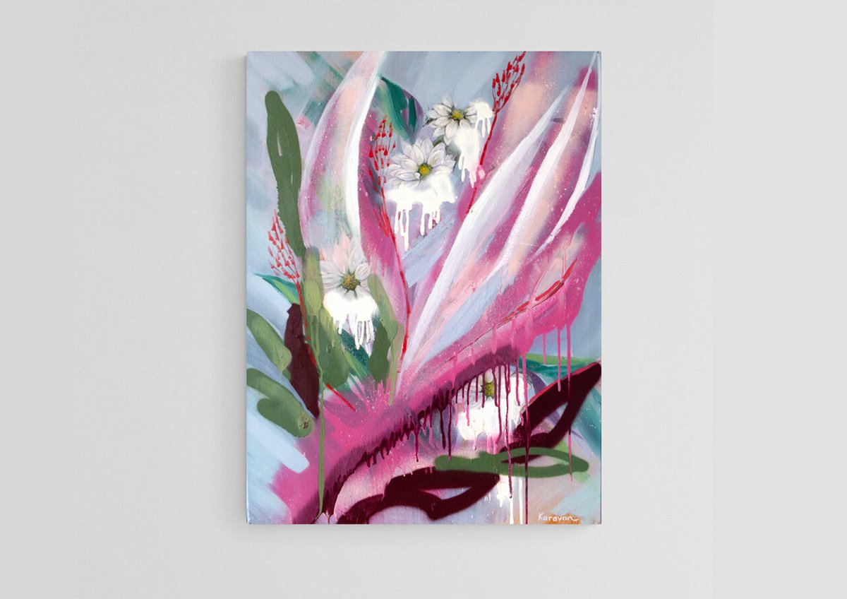 Abstract Botanical Oil Painting By Nataliia Karavan, 24 X 32", Pink Splash, Original Artwork