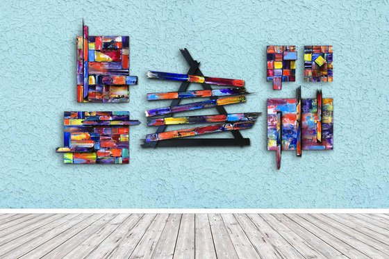 "What's He Building In There?" - FREE USA SHIPPING + Save As A Series - Original Polyptych PMS Mixed Media Sculptural Paintings On Wood and Wood Fragments - 79 x 42 inches