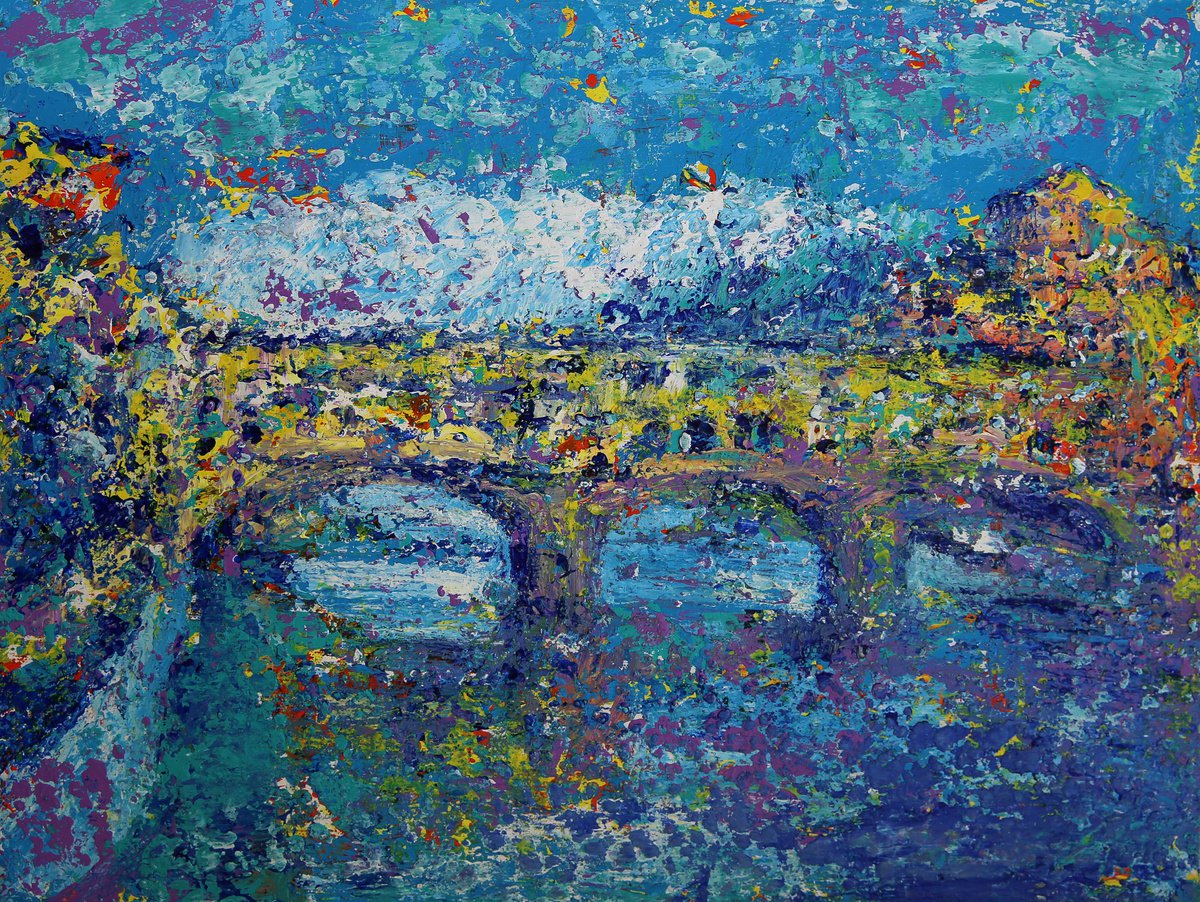 Impressionistic Cityscapes Acrylic Painting By Denys Kuvaiev, 16 X 12, Ponte Vecchio In Florence, Original Artwork