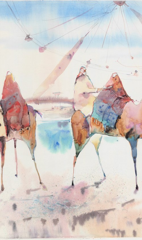 Desert Camel Ferris Wheel Watercolor by Olga Sova