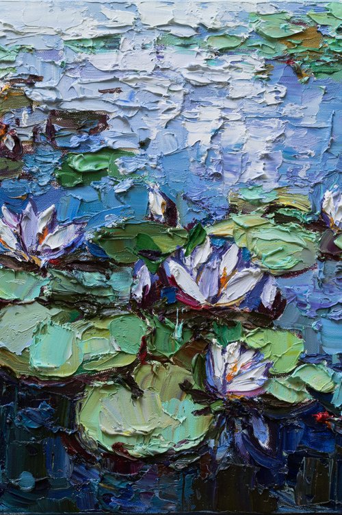 White Water Lilies - Impasto Original Oil painting by Anastasiia Valiulina