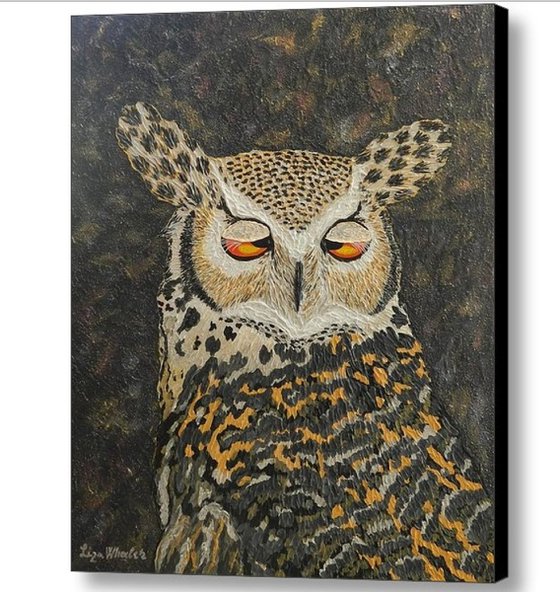 Morning After - horned owl palette knife painting