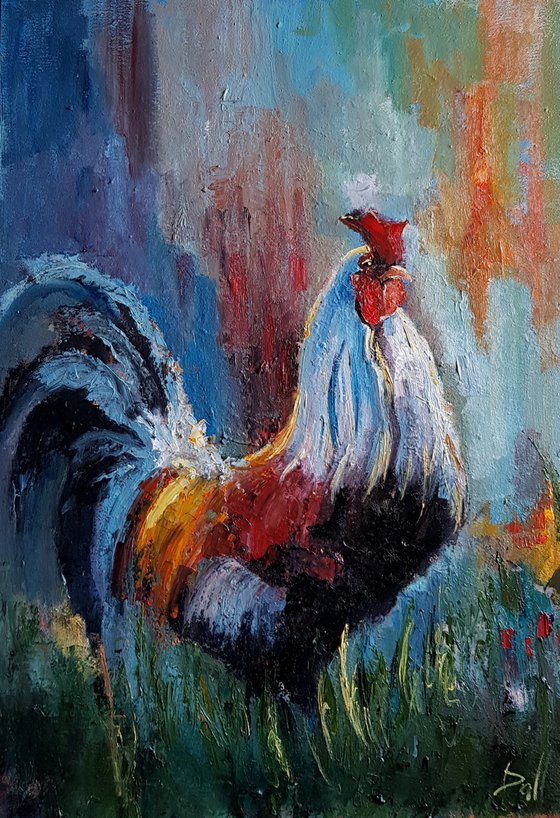 Rooster(70x50cm, oil painting, ready ti hang)