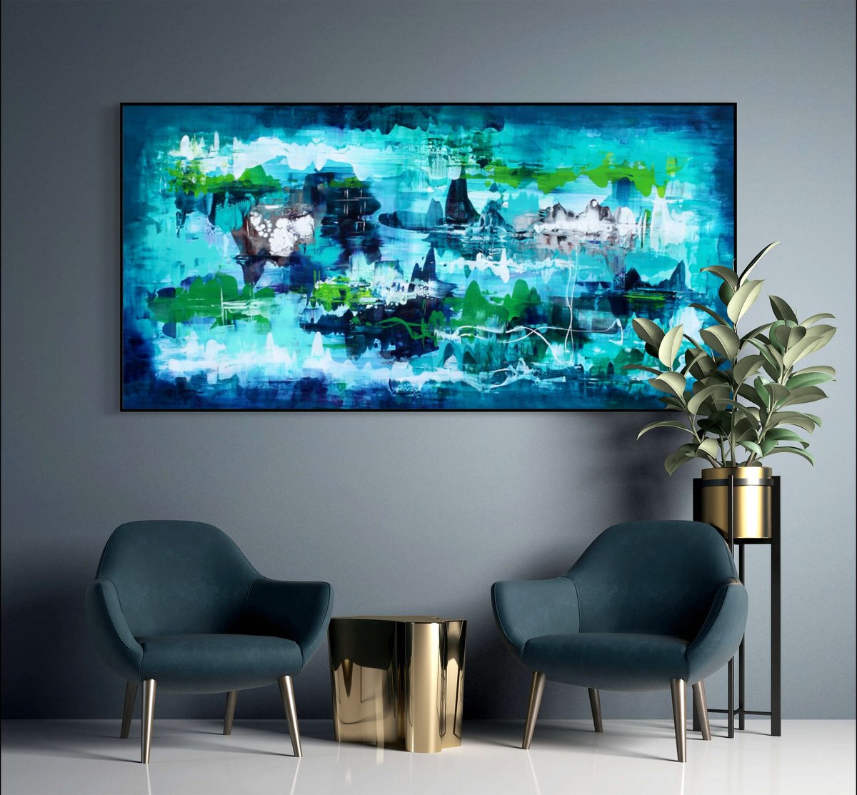 Abstract Landscape Acrylic Painting By Paresh Nrshinga Frsa, 72 X 36", Emerald Kingdom I, Original Artwork