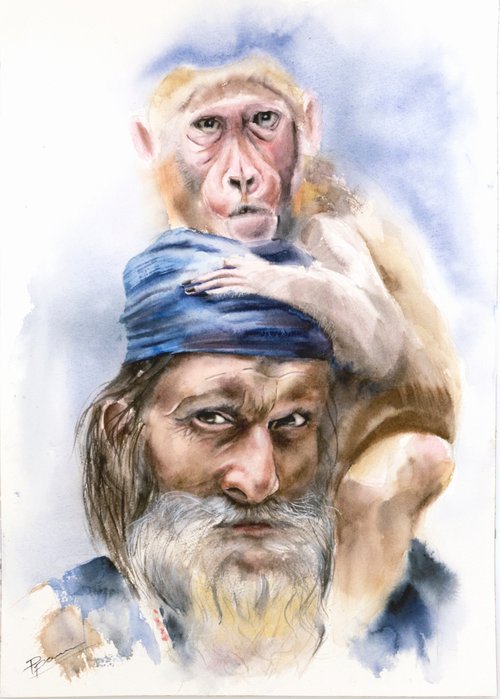 Guy with a monkey on his shoulder by Olga Tchefranov (Shefranov)