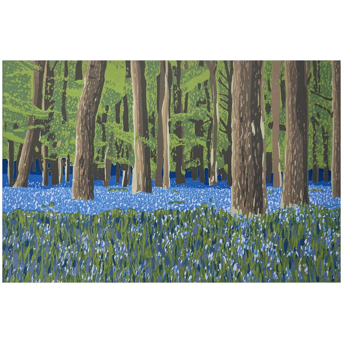 Impressionistic Botanical Linocut By Kirstie Dedman, 14 X 10", Bluebell Carpet, Original Artwork