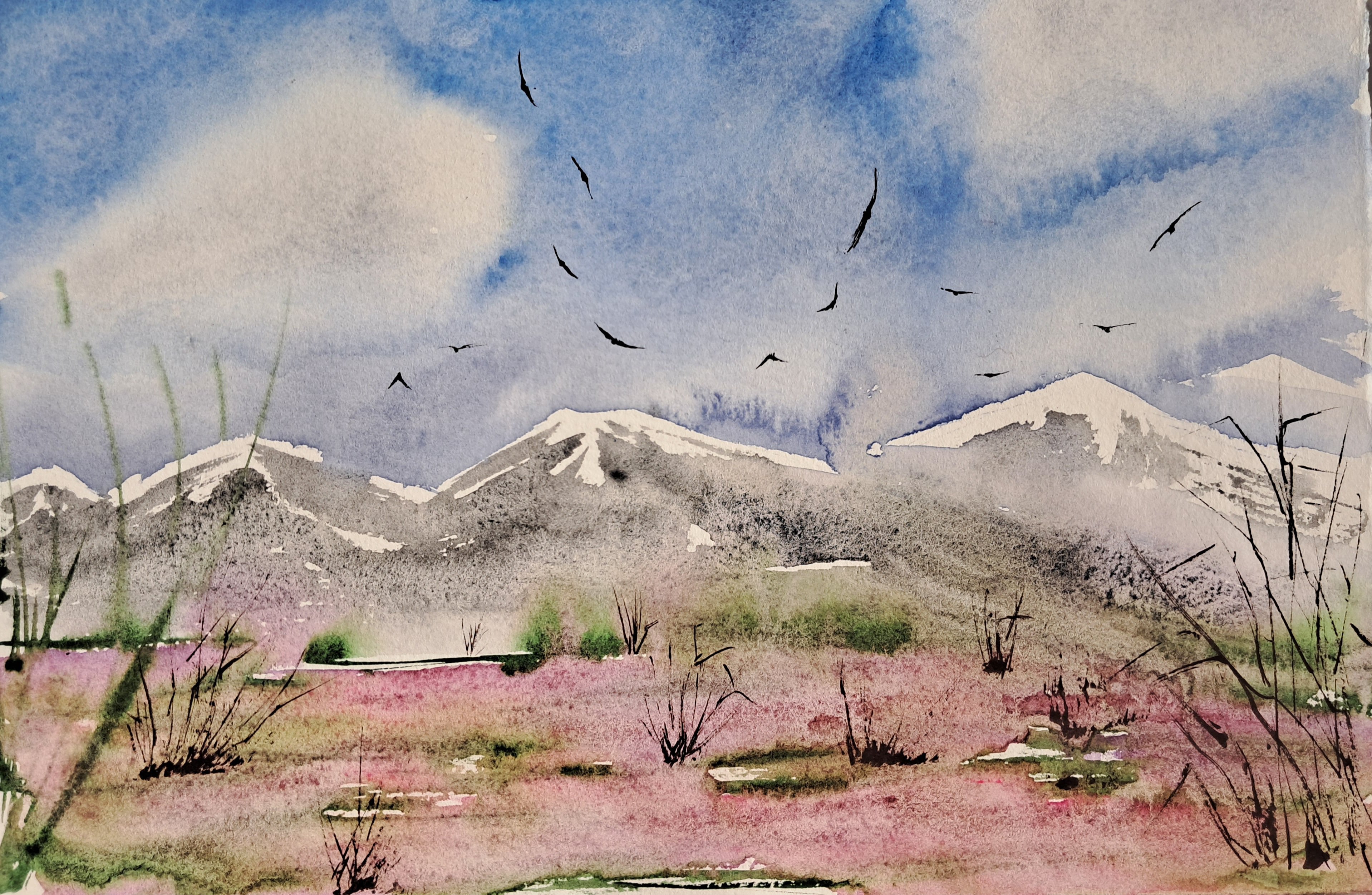 Expressive Landscape Watercolour By Yuliia Sharapova, 16 X 12", Spring. Mountain Plateau, Original Artwork