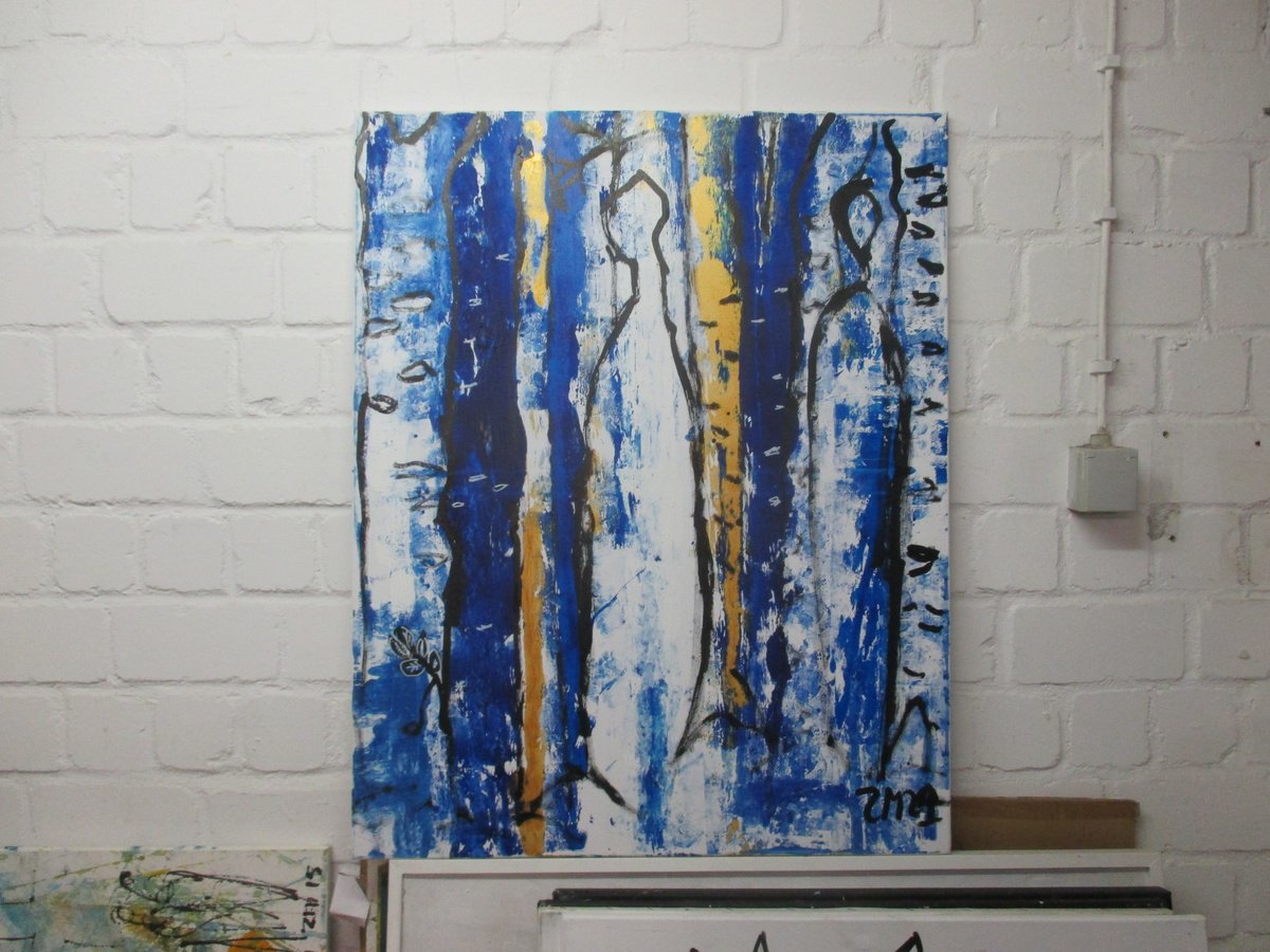 Expressive Portrait Acrylic Painting By Sonja Zeltner-Muller, 31 X 39", Blue Girls And Trees, Original Artwork