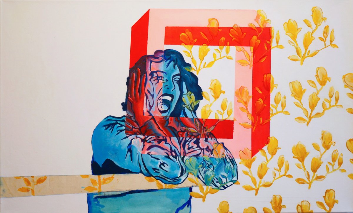 Surrealistic Portrait Acrylic Painting By Jessica Moritz, 50 X 30, Twist And Shout, Original Artwork