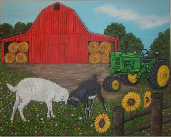 Farm scene with a Red barn, Goats, an Old tractor