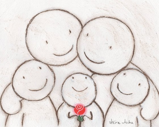 Hugs artwork 45 Family 3 children, holding rose. Unframed