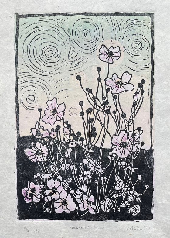 Anemones - Flower Contemporary Linocut Print