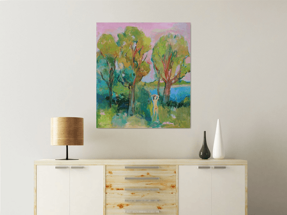 The girl is sunbathing