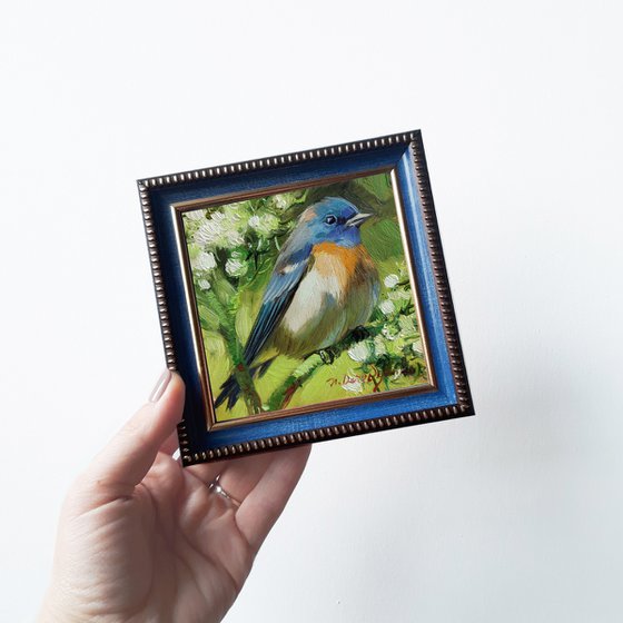 Bluebird painting original oil 4x4 in blue frame - Thank you for brightening my world