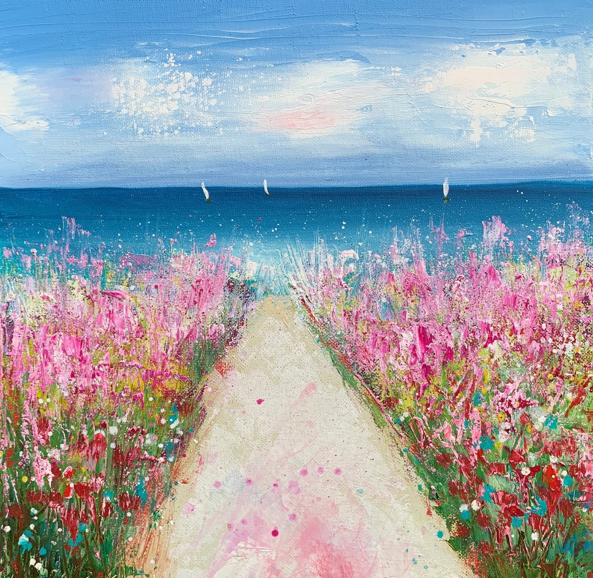 Impressionistic Landscape Oil Painting By Laure Bury, 12 X 12", Sailing Away On A Summer