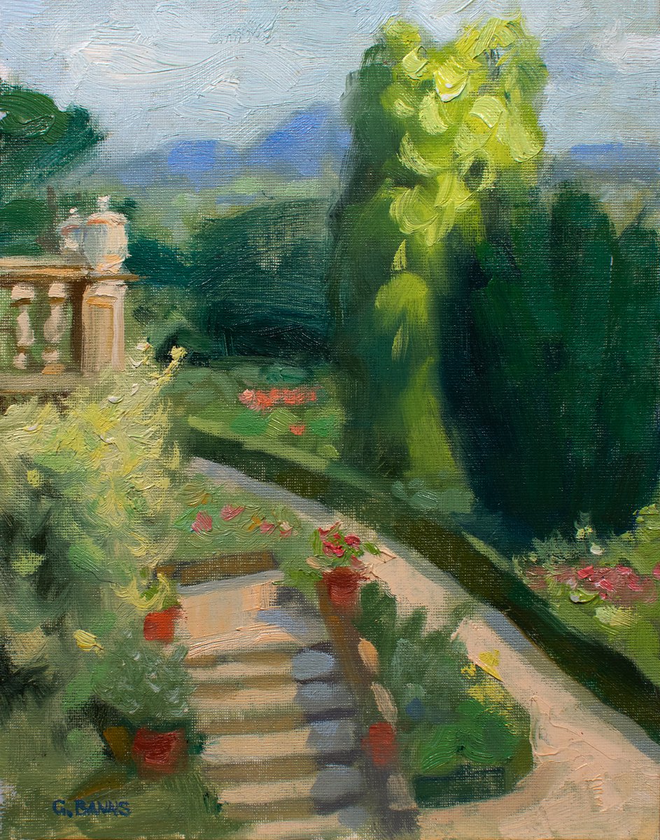 Impressionistic Botanical Oil Painting By Gav Banns, 7 X 9, Impressionism - Powis Castle Gardens In Wales Uk, Original Artwork