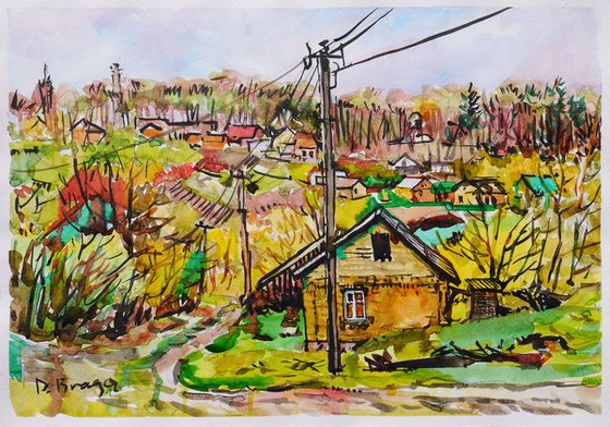 Spring, countryside ( plein air), ink