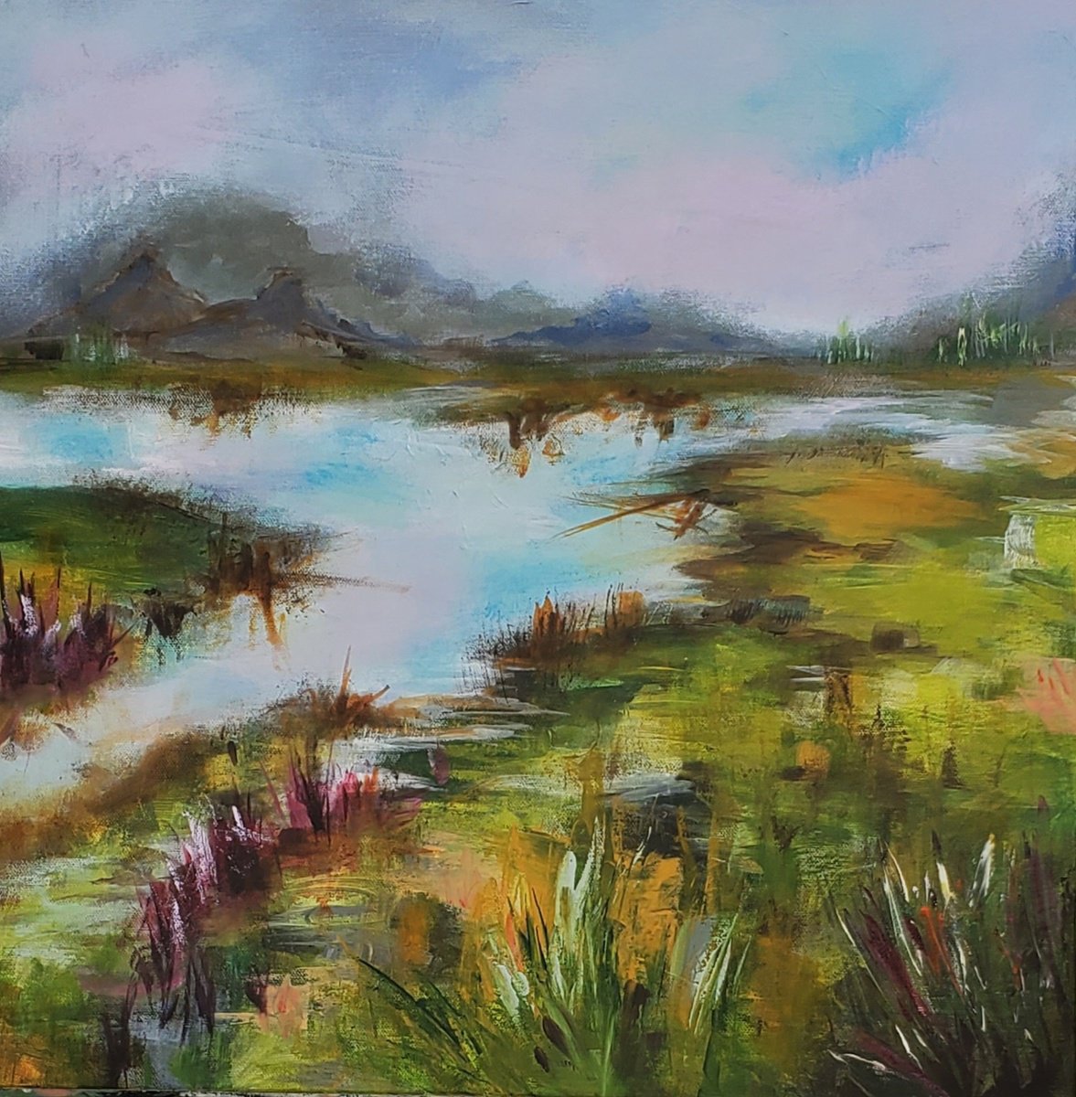 Impressionistic Landscape Acrylic Painting By Niyati Jiwani, 20 X 20", Riverbend, Original Artwork