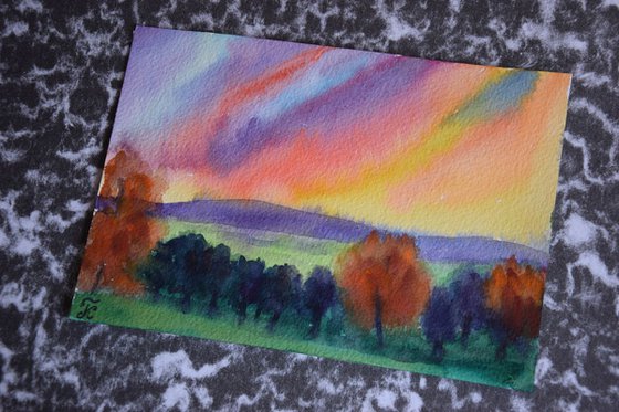 Sunset autumn mountains and fields Small watercolor painting