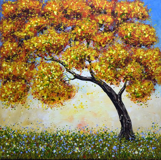 Oak Tree Painting, Fall Tree Painting, Impasto Landscape Art 30" x 30"