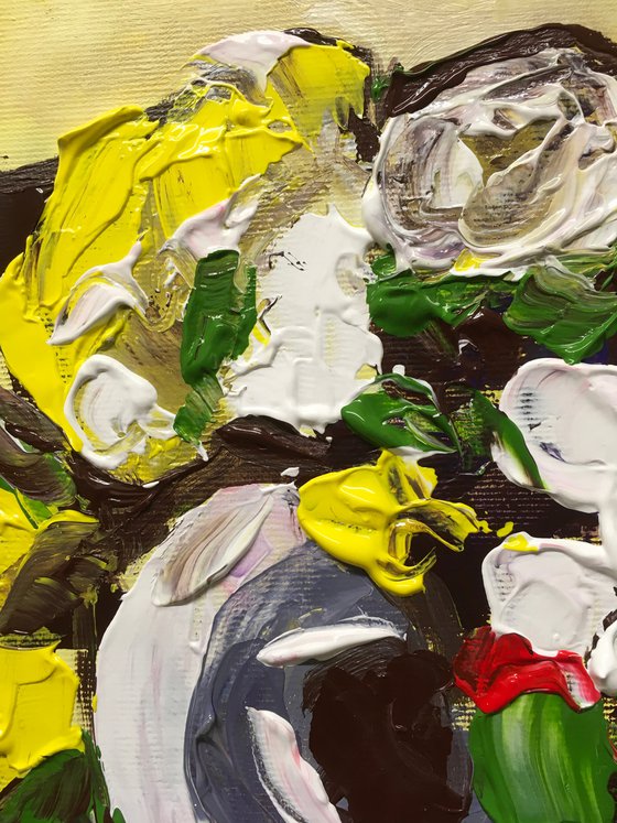 Abstract bouquet flowers, expressive still life on red tablecloth on light yellow #12