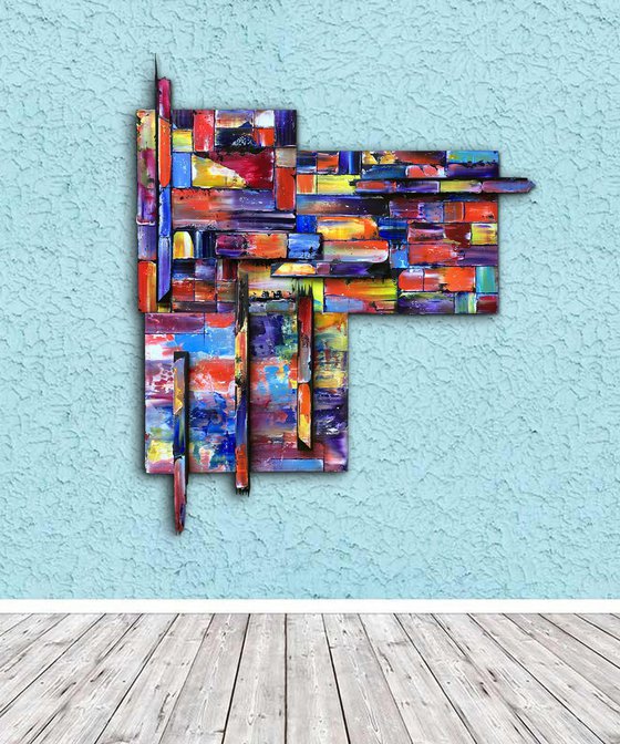 "Block Out" - Original Three-Piece Assembled PMS Mixed Media Sculptural Painting On Wood, Framed -  40 x 48 inches