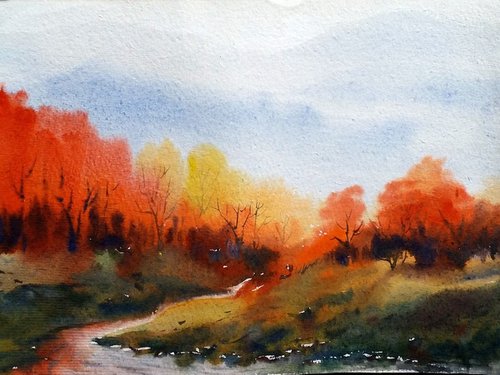Autumn Forest & Himalaya Mountain - Watercolor on Paper by Samiran Sarkar