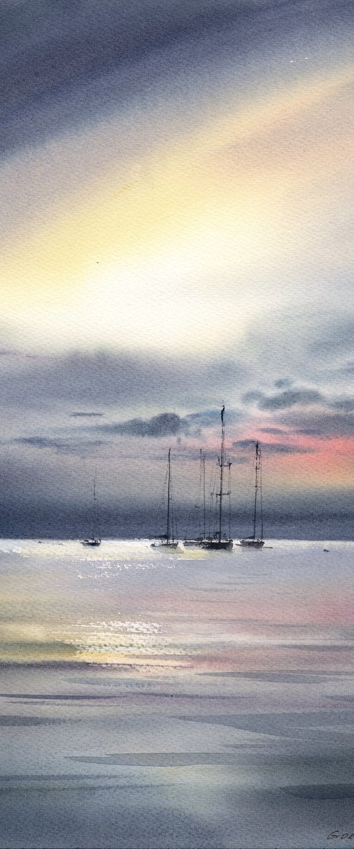 Yachts at sea at dawn #2 by Eugenia Gorbacheva