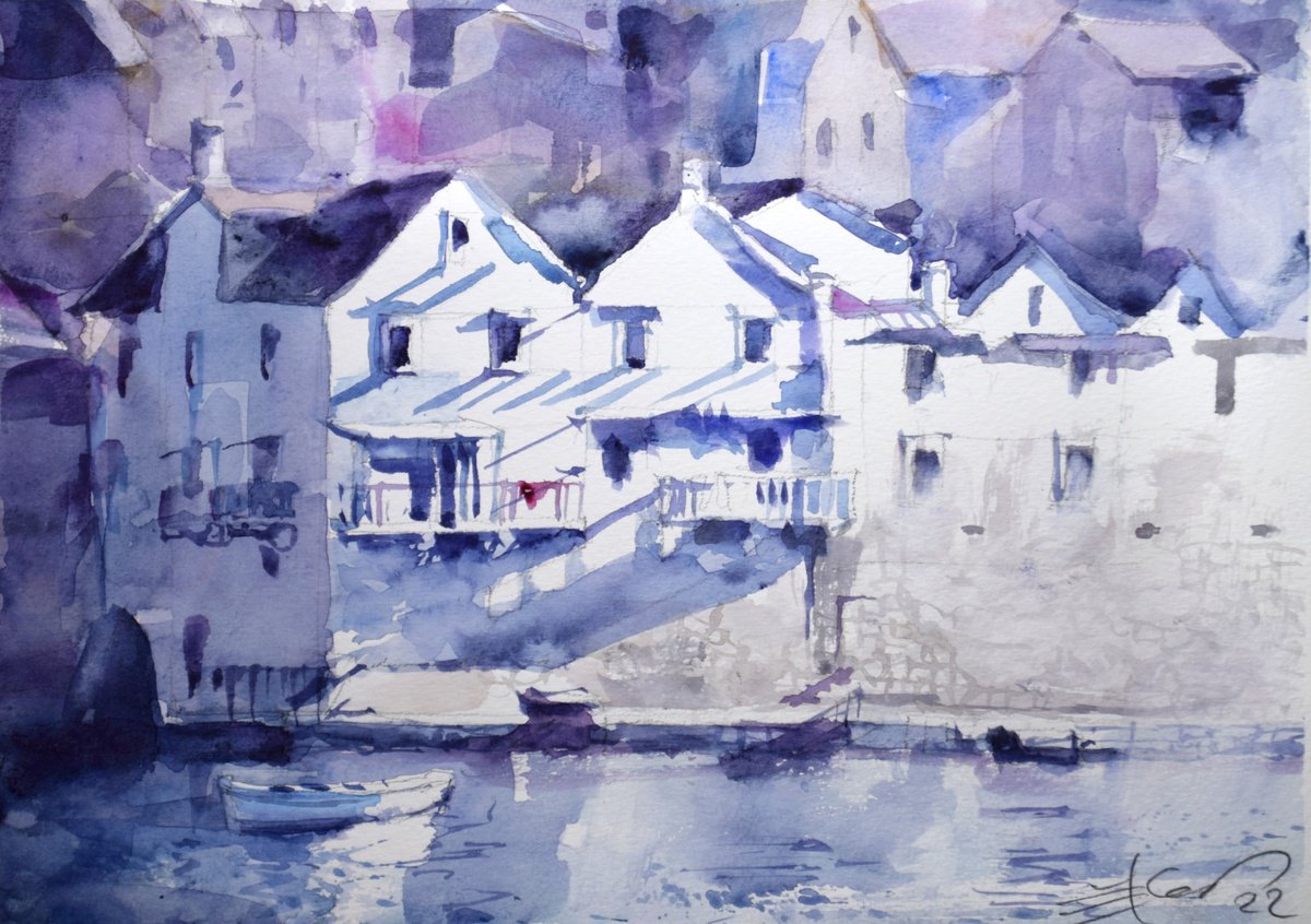 Impressionistic Cityscapes Watercolour By Goran Zigolic Watercolors, 14 X 10, Adriatic Sunset, Original Artwork