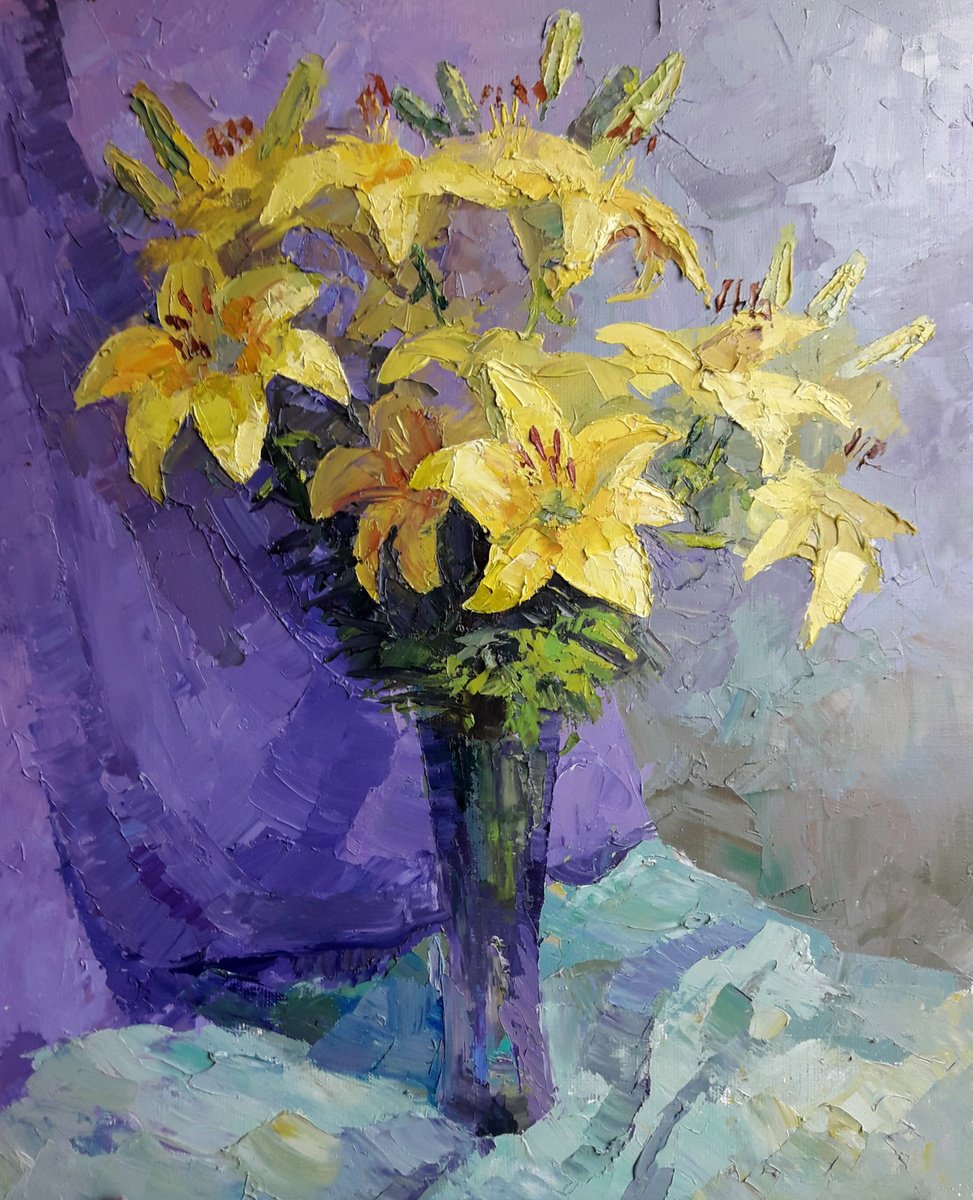 Impressionistic Still Life Oil Painting By Boris Serdyuk, 20 X 28, Yellow Lilies, Original Artwork