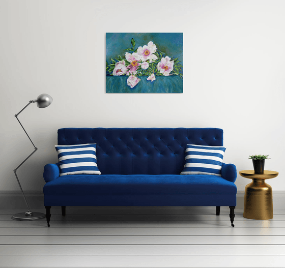 Tree Peonies - Large Original Oil Floral Painting Macro Spring Flowers Home Art Luxury Decor 90x70 cm (35.4x27.6 in)