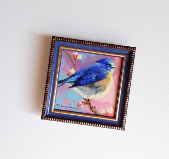 Bird on blossom branch, small painting in frame