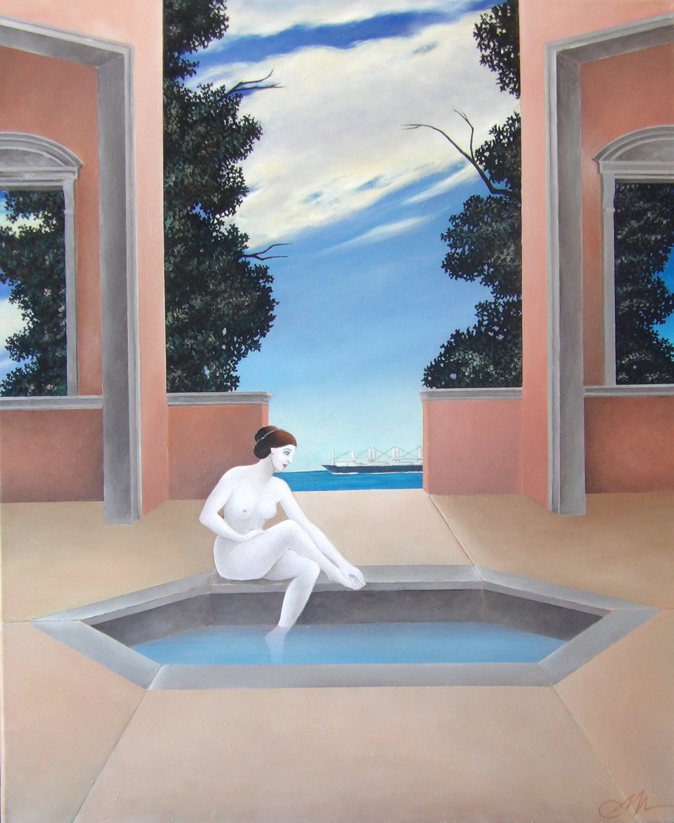 Surrealistic Landscape Oil Painting By Cecco Mariniello, 24 X 29, White Bather, Original Artwork