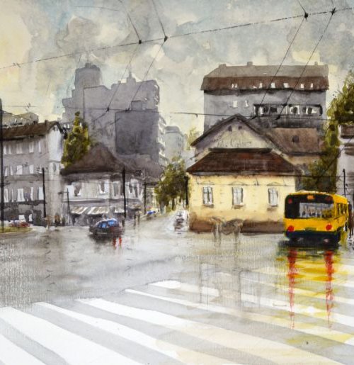 Slavija square, Belgrade, Serbia - unique watercolor landscape by Nenad Kojic by Nenad Kojić watercolorist