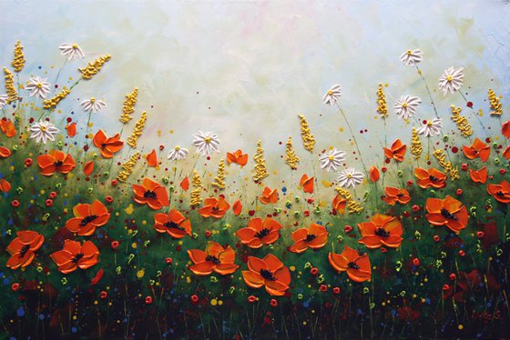 Wildflower Meadows Painting, Impasto Large Artwork