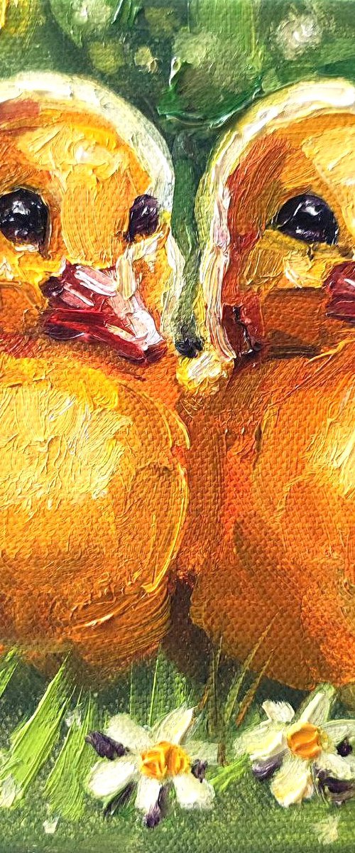 Two Ducklings. Small Oil Painting by Natalia Miasnikova