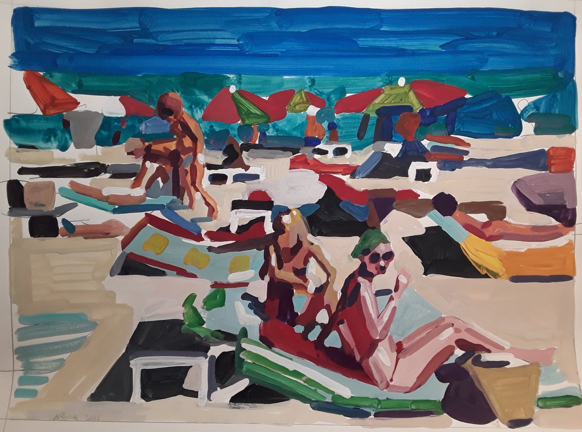 Expressive Portrait Painting By Stephen Abela, 23 X 17", Beach Scene - Cote D
