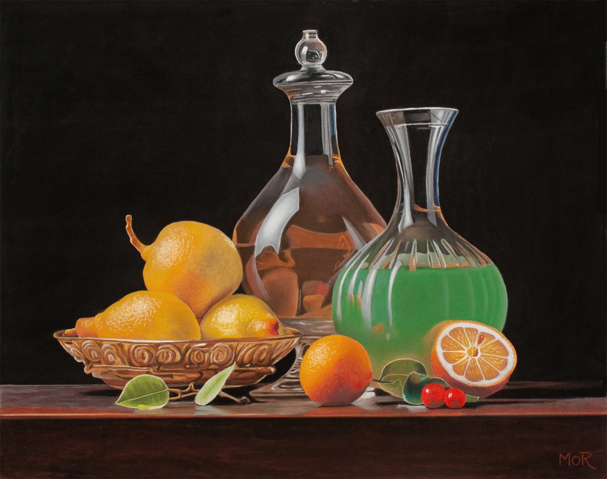 Photorealistic Still Life Pastel Drawing By Dietrich Moravec, 20 X 16, La Fee Verte, Original Artwork